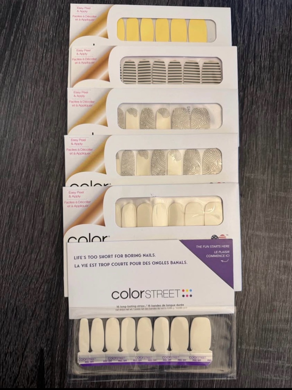 6 NEW Color Street Nail Strips Belgian Buttercup Between the Lines Out of Line